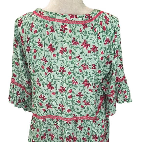 Celina Moon Green Pink Floral Crochet Lace Trimmed Tiered Crinkly Mini Dress - M - Picture 7 of 12